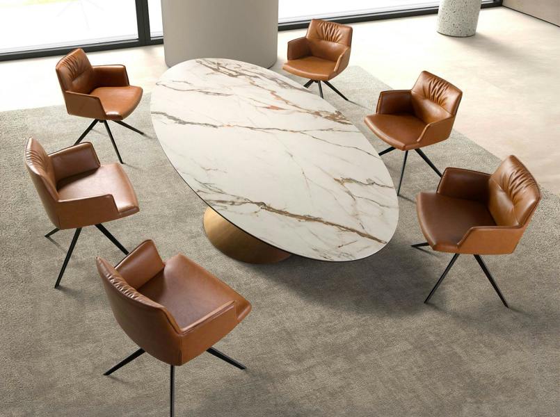 Angel Cerdá Oval dining table with porcelain marble and bronze-coloured steel barrel 1160