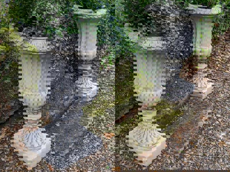 Pair of Large Flute Stone Garden Vases