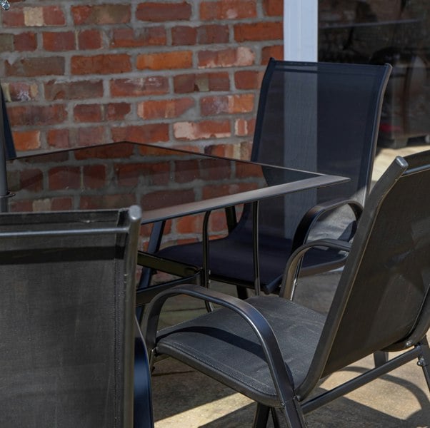 Samuel Alexander Outdoor 6 Person Rectangular Glass Top Garden Dining Table Chairs With Grey Parasol and Base Set