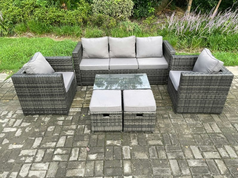 Fimous Outdoor Rattan Garden Furniture Set with 3 Seater Sofa Coffee Table 2 Armchairs 2 Small Footstool Patio Lounge Sofa Set Dark Grey Mixed