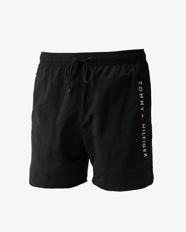 front of Tommy Hilfiger Logo Zip Pocket Mens Drawstring Swimming Shorts in Black