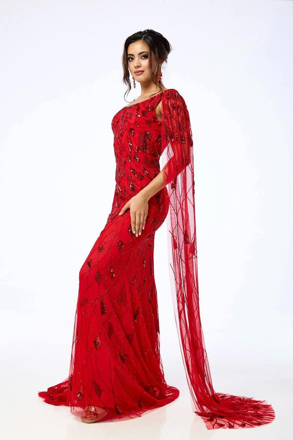 LuvForever Azara - Red Draped Sleeve Sequin Maxi Dress