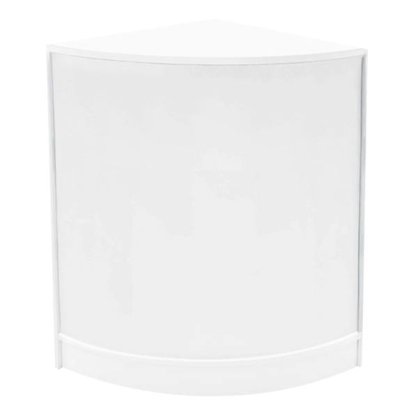 White curved corner shop counter with sleek design, smooth surface, and modern aesthetic, ideal for retail displays and promotions