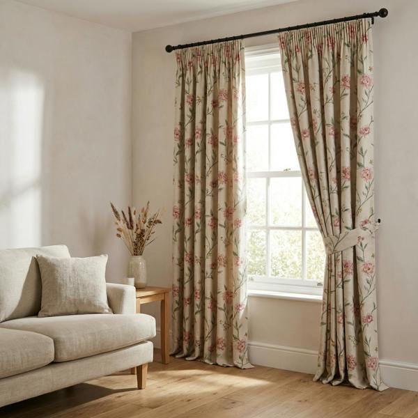 Ashley made-to-measure curtains in Pink, styled in a living room