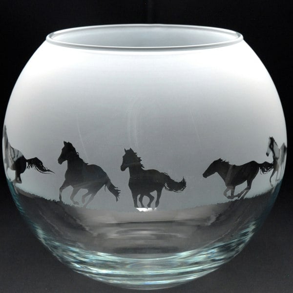 Glyptic Glass Art Galloping Horse Glass Flora Bowl Vase - Hand Etched/Engraved Gift