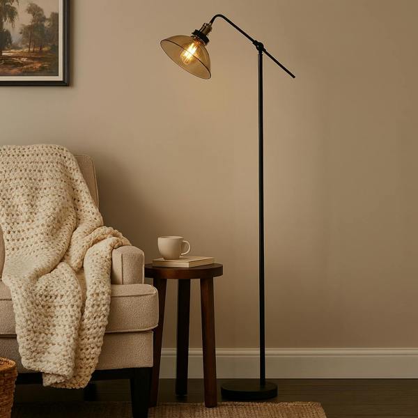 Pagazzi Lighting Melina Antique Brass & Amber Glass Task Floor Lamp