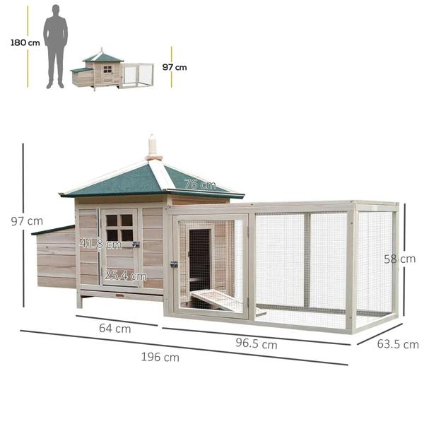 Wooden chicken coop with nesting house and extended outdoor wire-mesh run