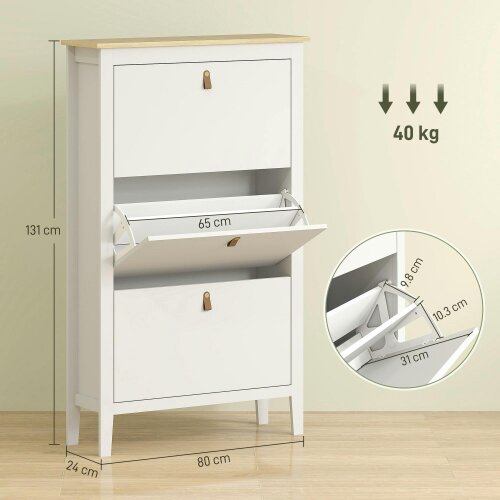 Wyld Haus Makeve Wooden White and Natural Modern 3 Drawer Shoe Cabinet Faux Leather Handles