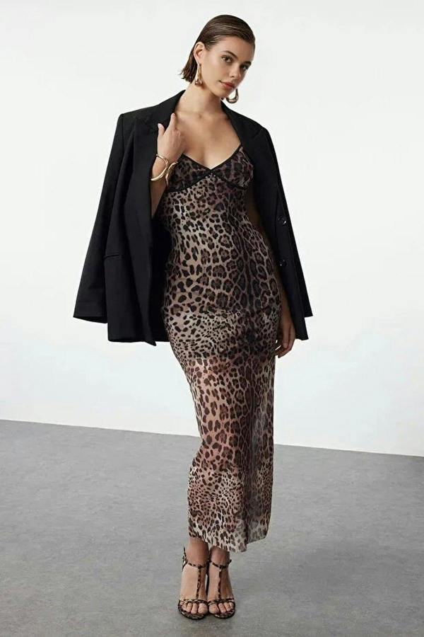 WOVCOR Fitted Leopard Print Tulle Woven Dress