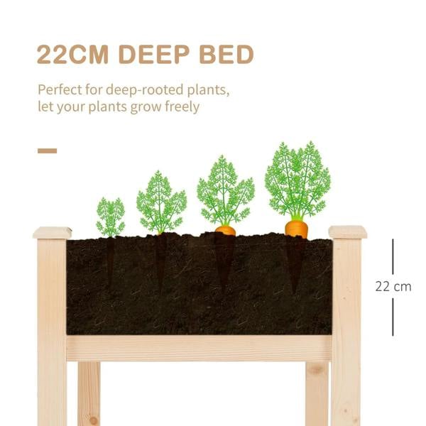 Rectangular wooden raised garden bed with dark soil liner and short side rails