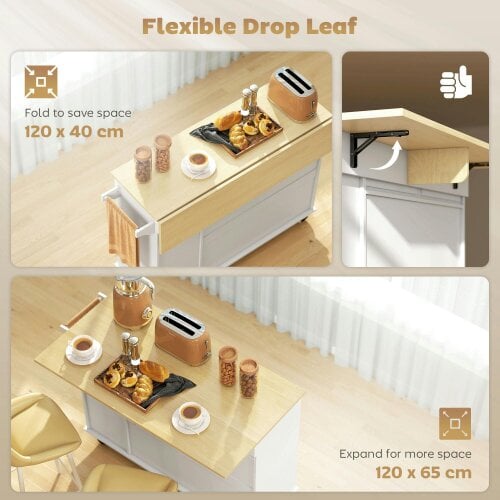 HOMCOM Kitchen Island on Wheels Drop Leaf Pull-out Storage Towel Rack, White