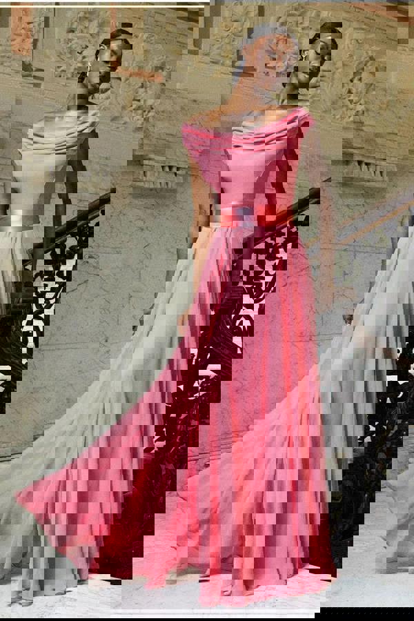 Cowl Neck A-Line Chiffon Maxi Dress - Coral DR3335A