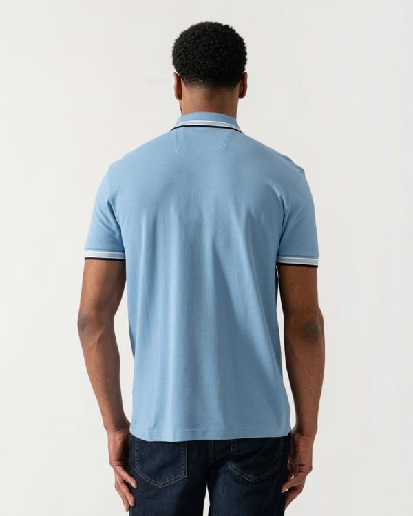 Model wearing BOSS Green Mens Paddy Cotton-Piqué Polo Shirt with Contrast Logo in Open Blue 469 - back
