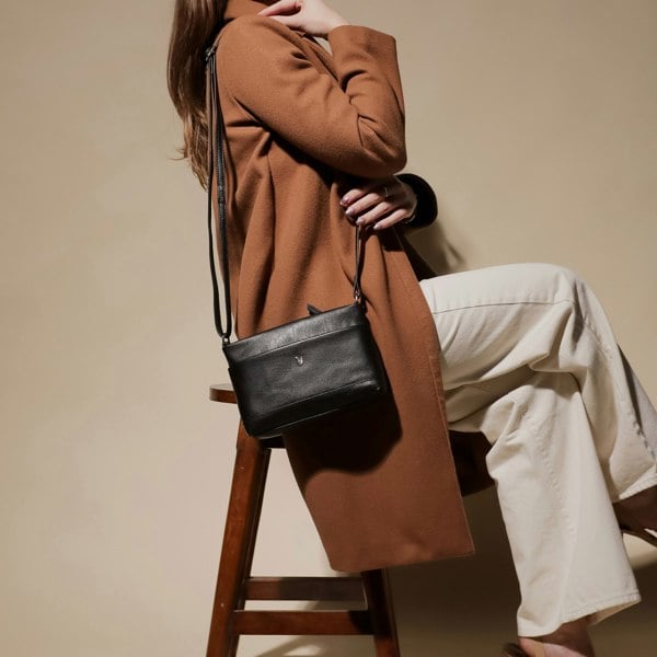 Assots London 'SANDRA' Black Soft Nappa Full Grain Real Leather Crossbody Bag