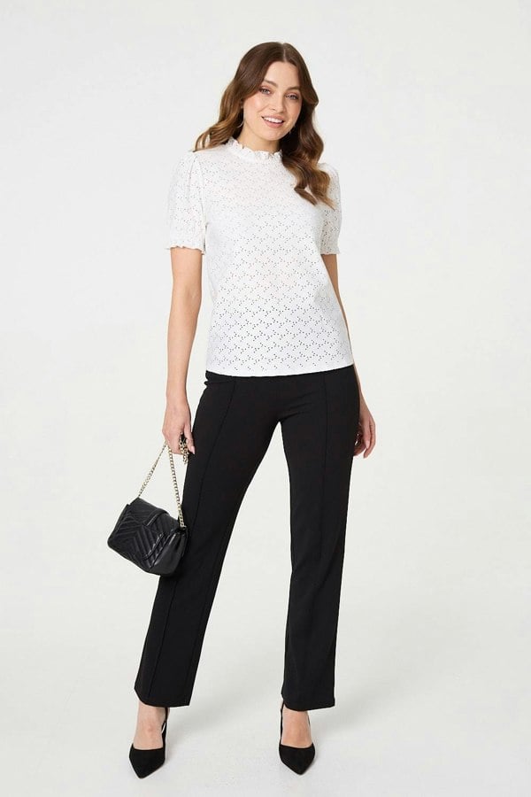 White | Lace Texture Frilled Short Sleeve Blouse
