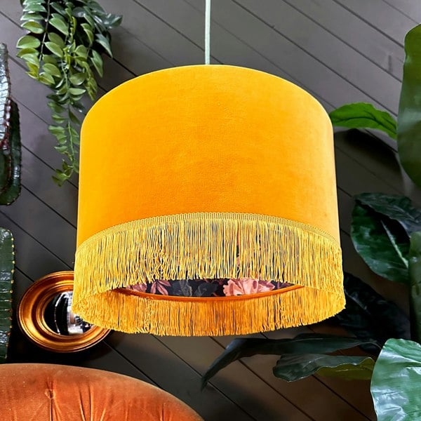 Love Frankie fire cracker midnight garden fringed lampshade in butterscotch velvet