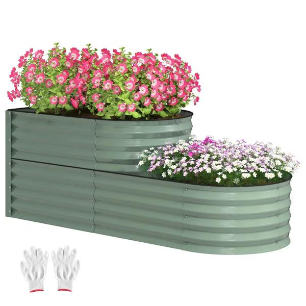 Two-tier light green galvanized steel garden planter with curved edges and flowers