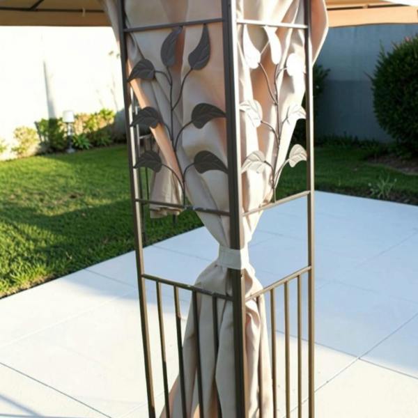 The Garden Marketplace 2.5m Square Gazebo with Beige Polyester Cover and 4 Curtains, Steel Frame with Leaf Corner Design