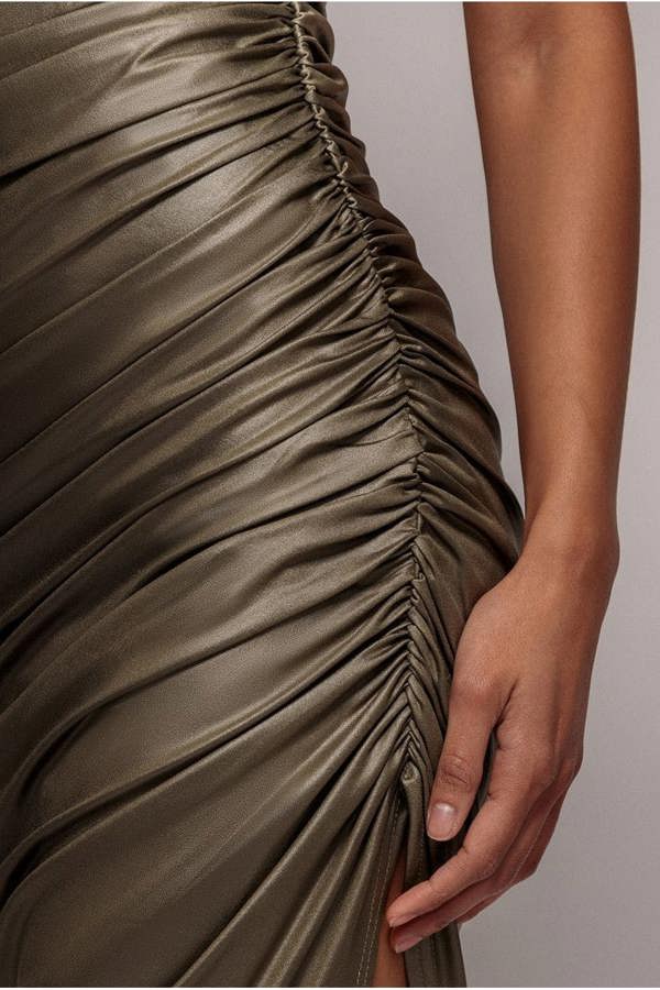 Bandeau Faux Leather Midi Dress - Khaki DR3727