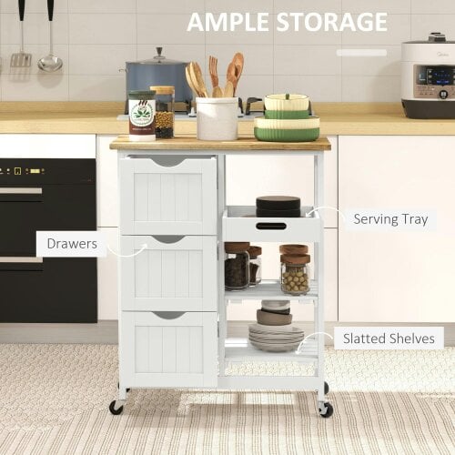 Wyld Haus Lonoronno Wooden White Compact Rolling Kitchen Island With Natural 3 Shelves 3 Drawers