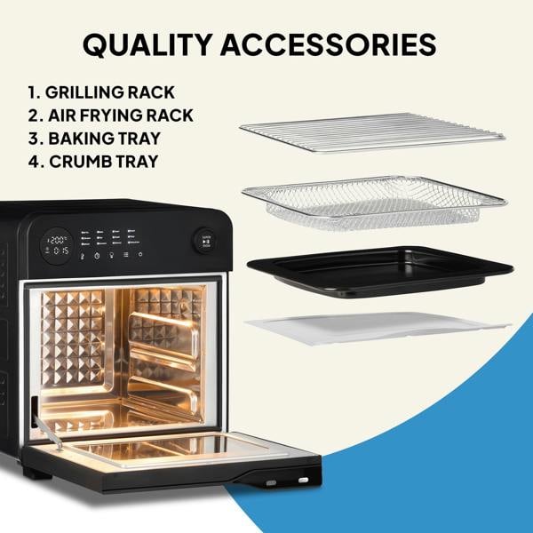 The Fridja f66 Super Oven - 15L Digital Air Fryer Oven is shown in black with its door open alongside four labeled, PFAS-free accessories: grilling rack, air frying rack, baking tray, and crumb tray—each displayed separately.