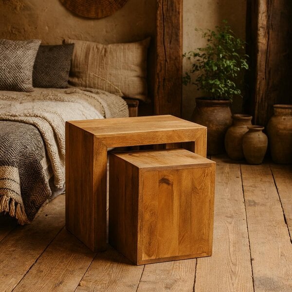 Wyld Haus Set of 2 Manila Light Mango Wood Cube Nesting Tables