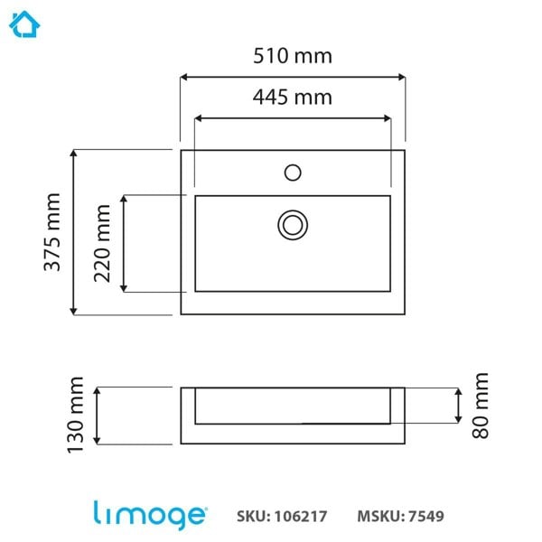 Limoge 7549 Ceramic 51cm Thick-Edge Inset Basin with Rectangular Full Bowl