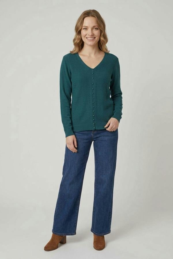 Teal | Textured Pearl Detail V-Neck Knit Top