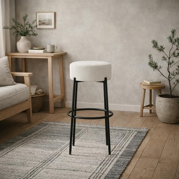 Wyld Haus Tanji Ivory Boucle Round Bar Stool Black Metal Legs