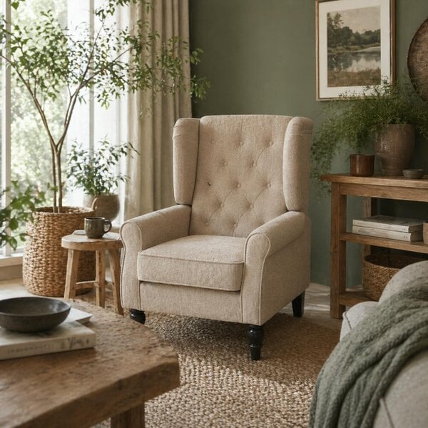 Wyld Haus Nobael Beige Retro Wingback Accent Chair With Diamond Button Tufted Upholstery