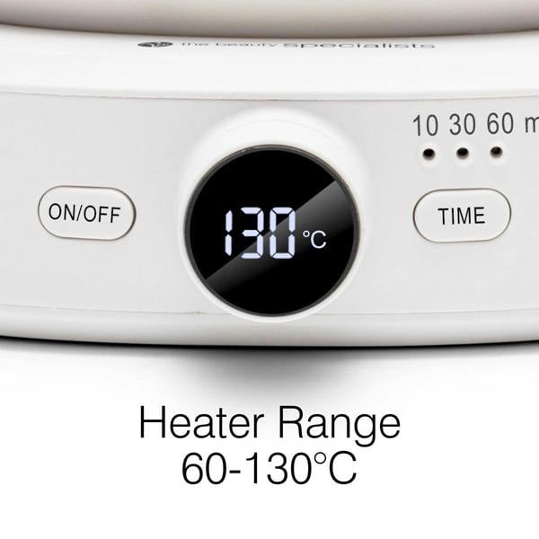 A close-up shows the Go Smooth Hair Removal Wax Heater by Rio with its control panel set to 130°C. ON/OFF and TIME buttons are nearby. Text below: Adjustable from 60-130°C—ideal for professional waxing or melting wax melts.