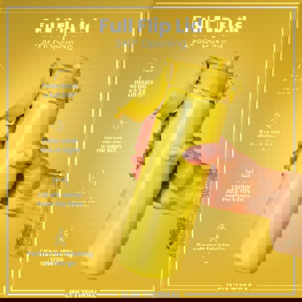 A yellow, slim thermal water bottle, with a 240° opening full flip lid, is held by a hand against a yellow background. Full Flip Lid, 240° Opening, SLIM THERMAL.