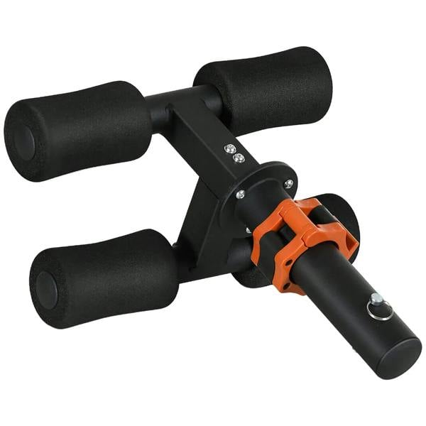 Black tibialis trainer bar with foam handles and weight-plate adapter for calves