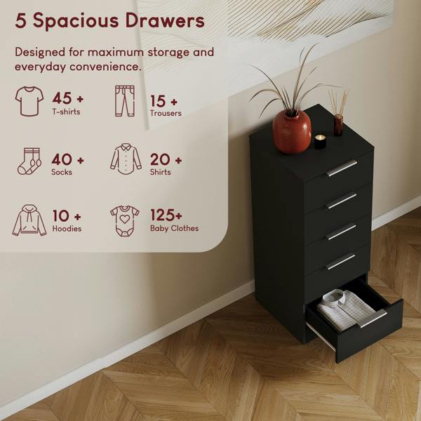 Vida Designs Trega 5 Drawer Narrow Chest, Black