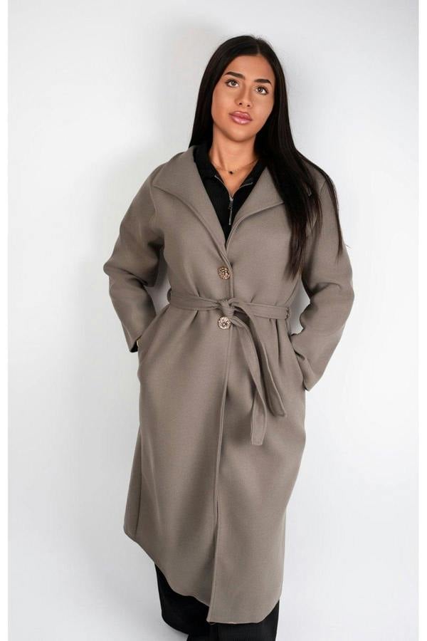 Marelle Belted Longline Coat With Button Detail - Mocha