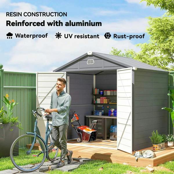Grey wall shed exterior with open doors, interior shelving, and tools storage