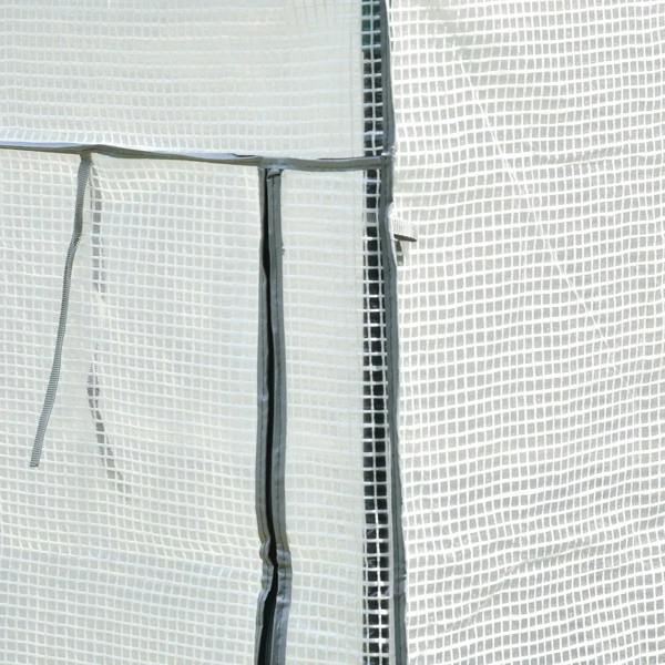 Greenhouse PE cover edge with stitched seam and black frame corner detail