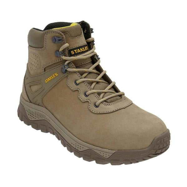 Stanley Alberta Mens Steel Toe/Midsole Safety Work Boots, tan high-top work boots with rugged sole and protective toe cap for safety.