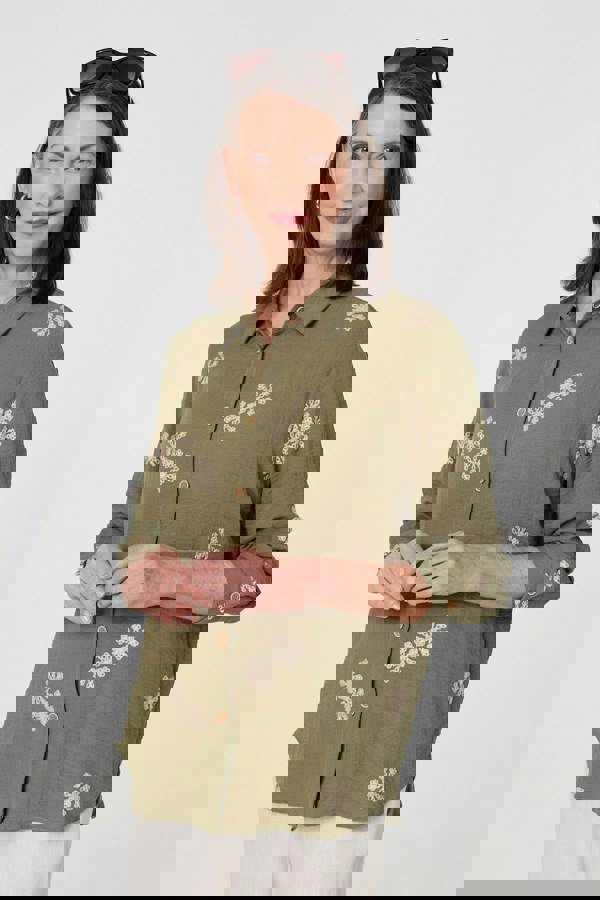 Khaki | Snowflake Embroidered Long Sleeve Shirt
