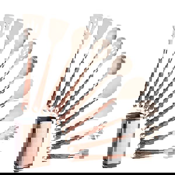 Anygleam Nonstick Kitchen Utensils Set Brown 9pcs Gold Plated Handle with Support Storage Box Heat Resistant Cooking Tools Accessories