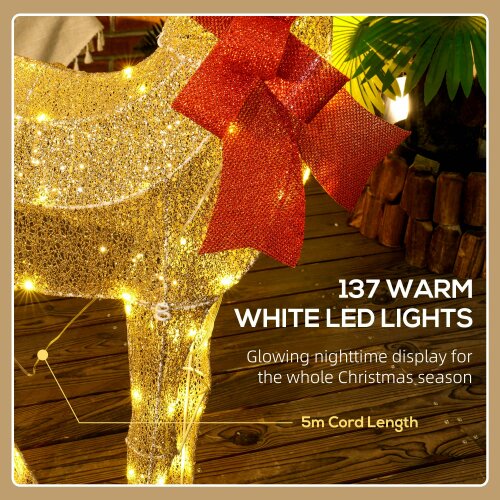 Outsunny Lighted Reindeer Christmas Decoration w/ Stakes Zip Ties Gold Tone