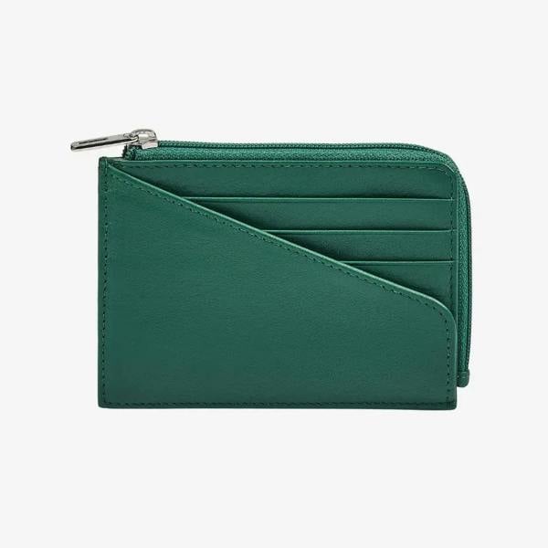 Women's leather zip card holder in green real leather