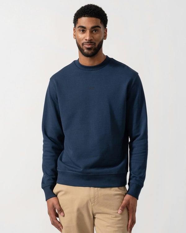 Model wearing BOSS Orange WeSmall Crew Sweatshirt in Open Blue 464 - main