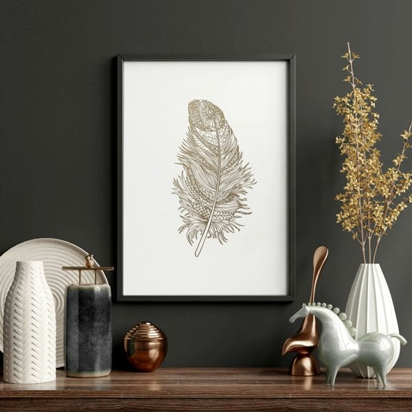 Gold artwork for living room | set of 3 Feathers wall art prints