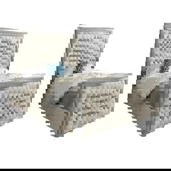 Casa Magna Venice Glitter Border Upholstered Soft Velvet Bed Frame - Cream