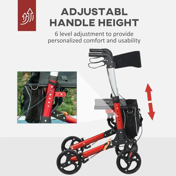 Rollator walker with adjustable-height padded handles and black seat with storage pouch