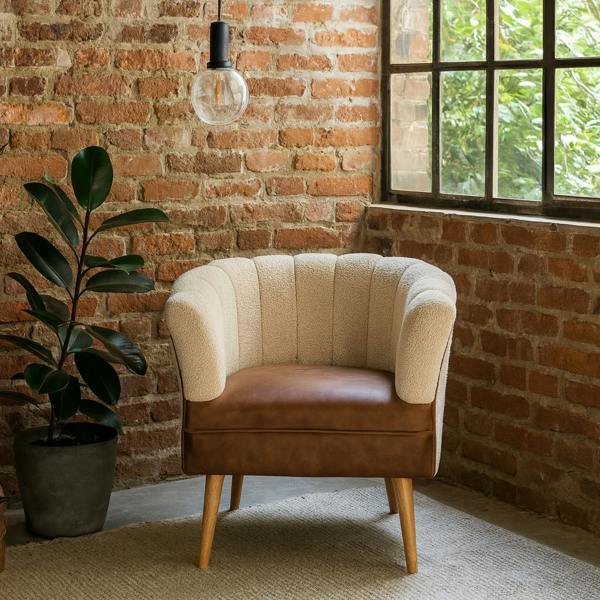 Wyld Haus Olbia Cream Boucle and Buffalo Leather Armchair