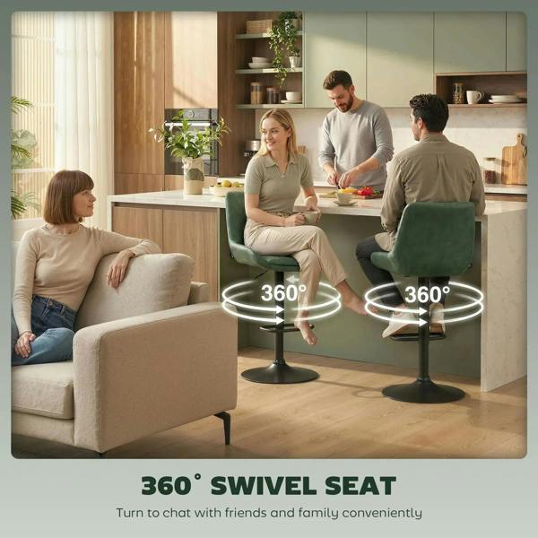 Two green swivel bar stools for kitchen dining seating with black bases