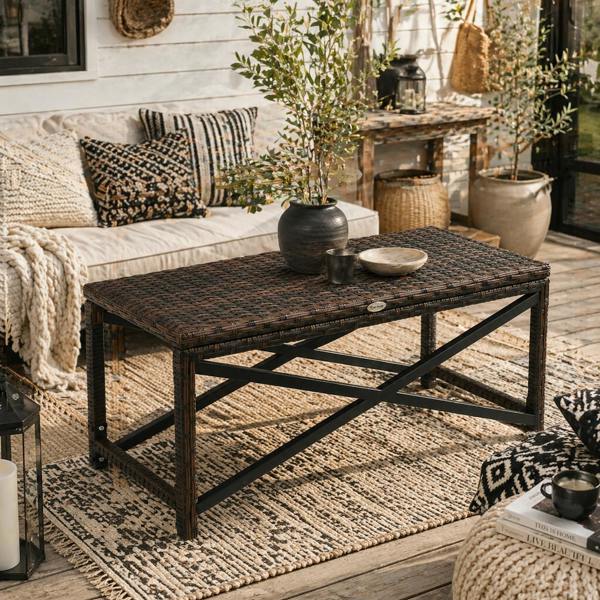 Wyld Haus Donori Brown Rattan Outdoor Coffee Table With X Frame with Woven Top