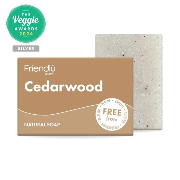 Cedarwood soap bar with packaging on white background